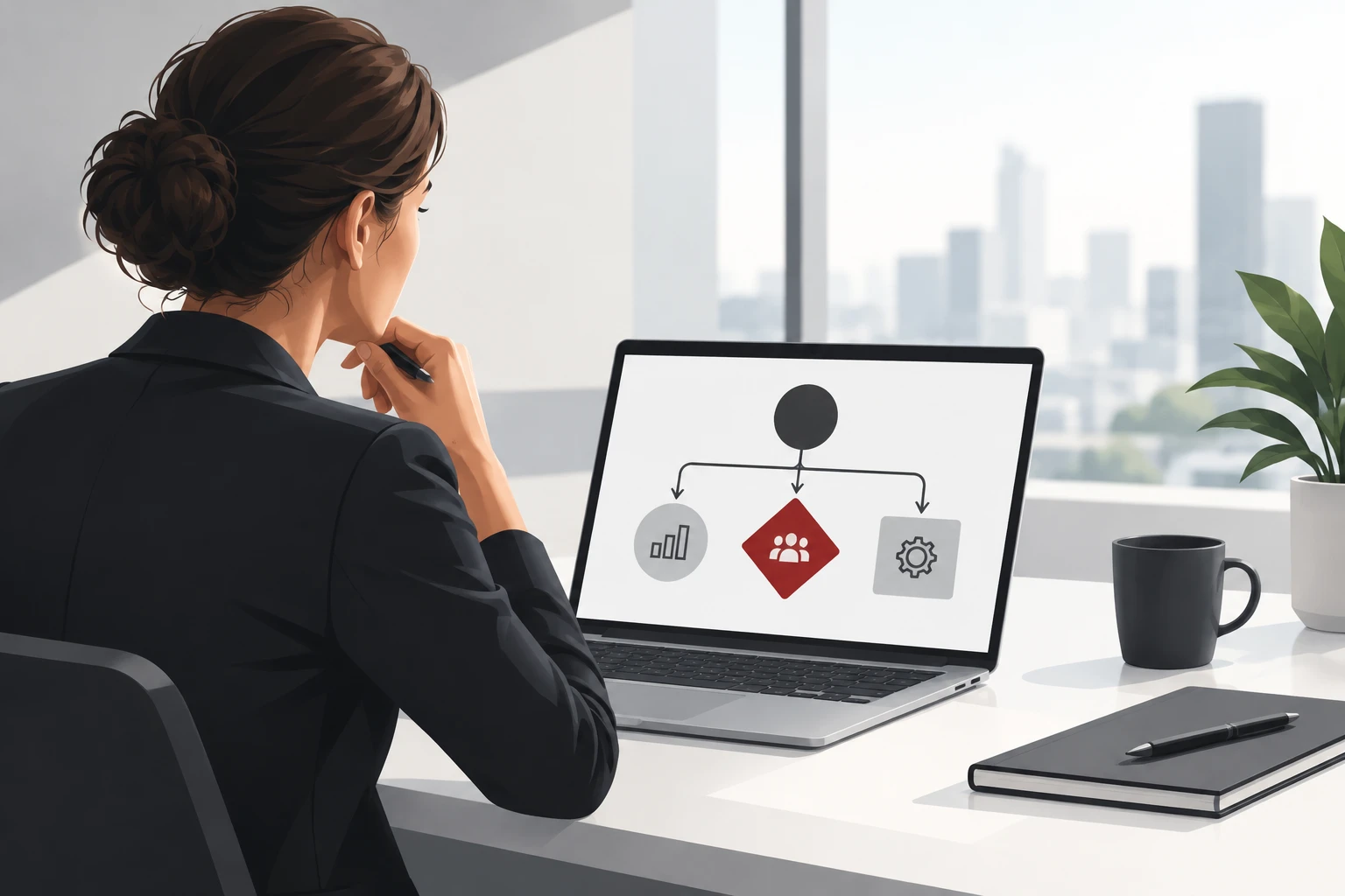 A business owner at a laptop weighing up a decision