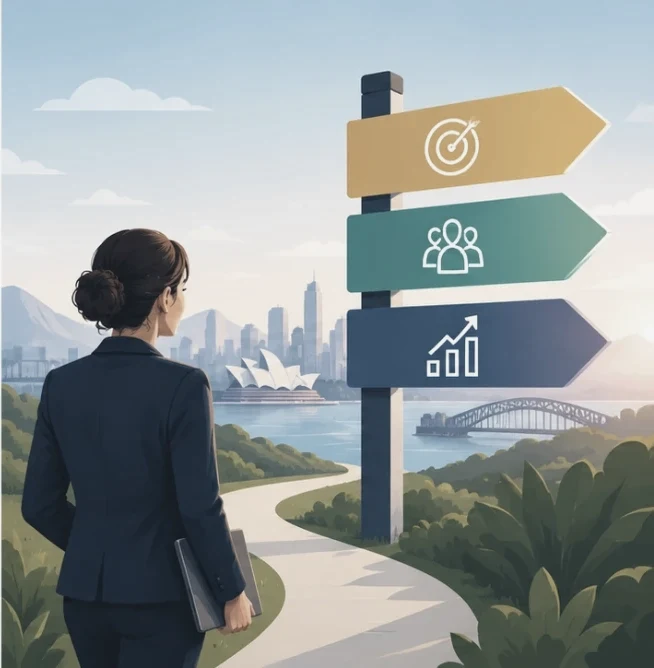 A business leader on a path toward the city, beside a signpost