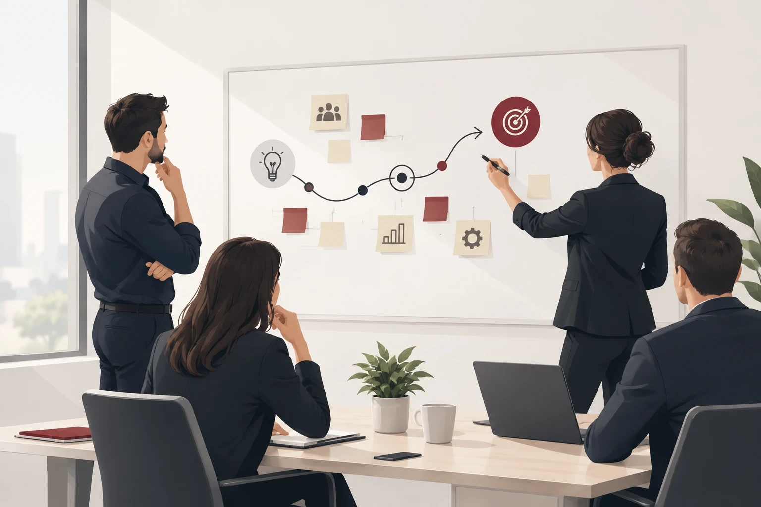 Hands mapping a plan on a whiteboard with notes